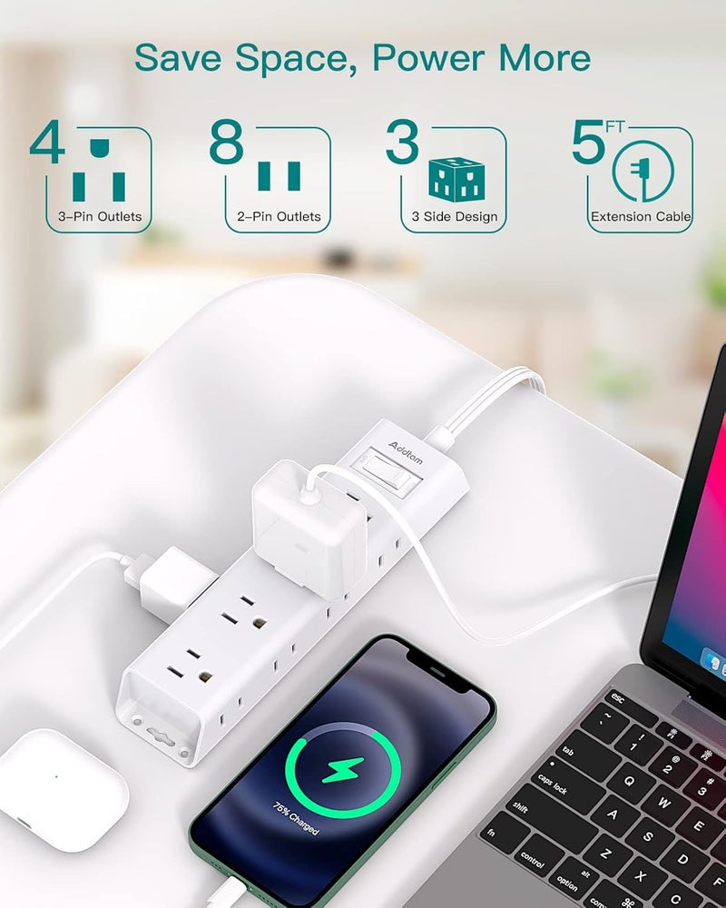 Addtam Flat Plug Power Strip, Ultra Thin Flat Extension Cord - 12 Widely AC 3 Sides Multiple Outlets, 5Ft, 900J Surge Protector, Wall Mount, Desk Charging Station for Home Office Dorm Room Essentials - Image 3