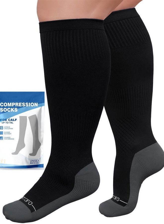 Amitofo Wide Calf Compression Socks Women & Men (S-7XL)： Plus Size 15-20mmHg Medical Support Stockings, for Nurses, Pregnancy, Edema, Flying, Travel – Seamless Toe(Black-2XL) - Image 1