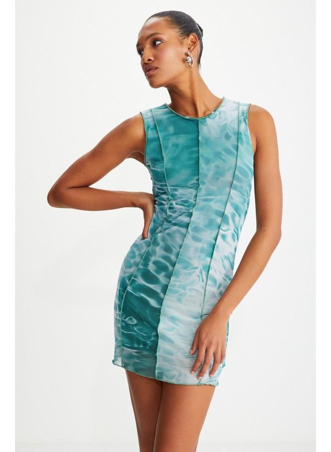 جريميلانج فساتين صيفية بدون أكمام بنقش باتيك أخضر من التول بطبعة مائية خضراء من أدالاسيا للنساء - Image 2