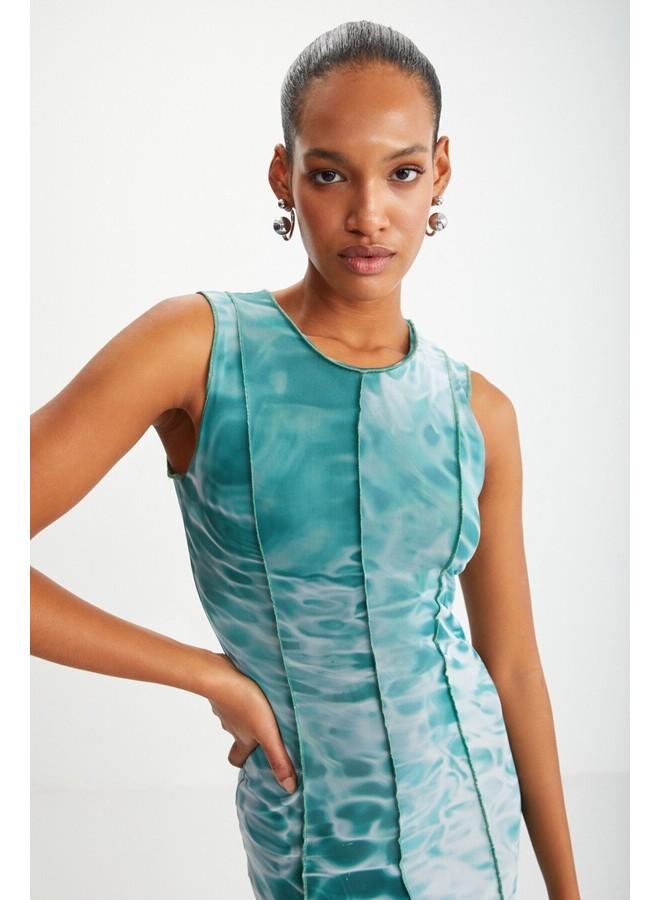 جريميلانج فساتين صيفية بدون أكمام بنقش باتيك أخضر من التول بطبعة مائية خضراء من أدالاسيا للنساء - Image 3