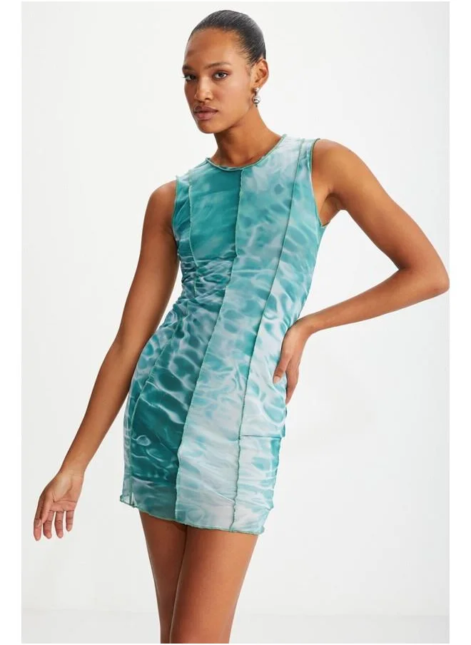 GRIMELANGE Adalasia Women's Tulle Green Batik Patterned Sleeveless Summer Green Water Print Dress