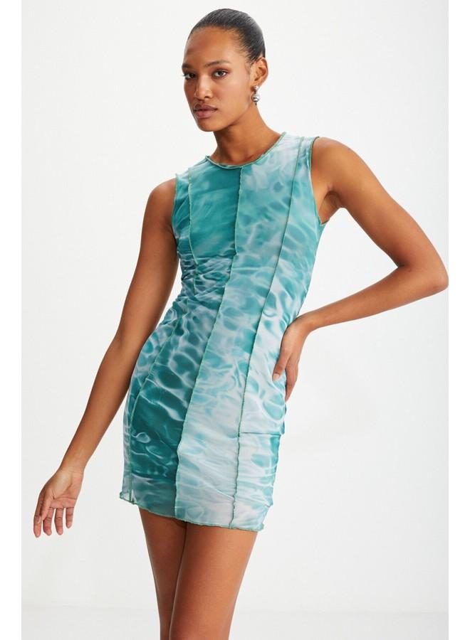 جريميلانج فساتين صيفية بدون أكمام بنقش باتيك أخضر من التول بطبعة مائية خضراء من أدالاسيا للنساء - Image 1