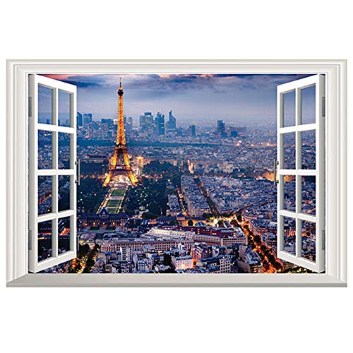 BooDecal Eiffel Tower in Paris Romantic Scenery 3D Fake Window Decorative Decals Interior Room Wall Stickers for Bedroom Living Room Playroom Decals 24 inches x 16 inches - Image 1