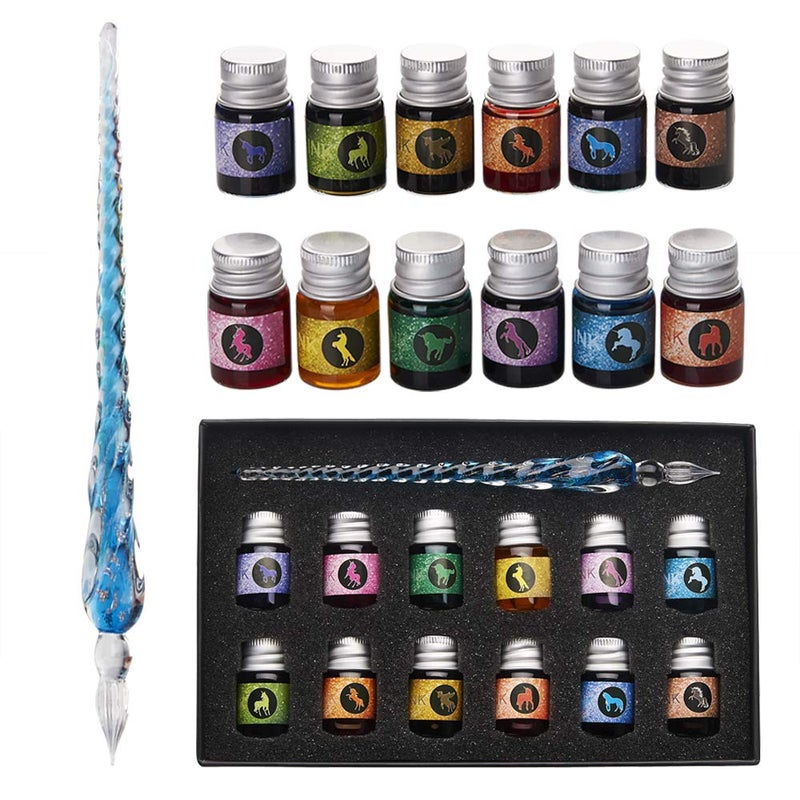 mancola Glass Dipped Pen Ink Set Handmade Crystal Calligraphy Pen with 12 Colorful india ink for Art Signatures Drawing Decoration Calligraphy Kits for Beginners Ma13
