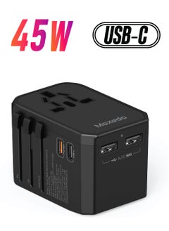 Moxedo Moxedo 45W Worldwide Travel Adapter AC Outlet Wall Charger with Ultra-Fast 2 USB-C / 2 USB-A / 1 AC Outlet PD 3.0 for UK EU US AU All Countries - Black 