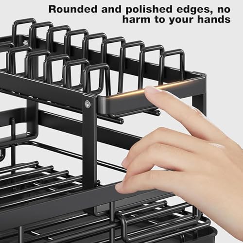 Vruta Dish Drying Rack 2 Tier Dish Drainer Rack with Drip Tray and Drainer Mat, Stainless Steel Dish Rack with Utensil Holder, Draining Board for Kitchen Counter, Black ((42.5D x 30W x 23.5H)) - Image 4