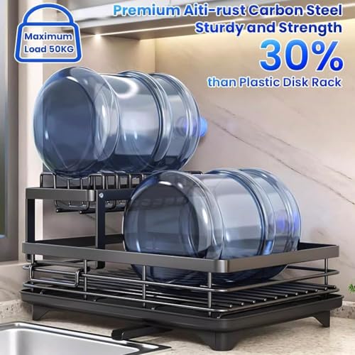 Vruta Dish Drying Rack 2 Tier Dish Drainer Rack with Drip Tray and Drainer Mat, Stainless Steel Dish Rack with Utensil Holder, Draining Board for Kitchen Counter, Black ((42.5D x 30W x 23.5H)) - Image 3