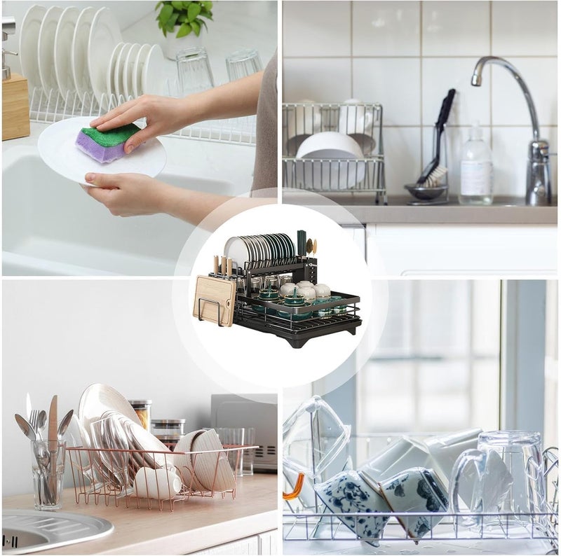 Vruta Dish Drying Rack 2 Tier Dish Drainer Rack with Drip Tray and Drainer Mat, Stainless Steel Dish Rack with Utensil Holder, Draining Board for Kitchen Counter, Black ((42.5D x 30W x 23.5H)) - Image 5