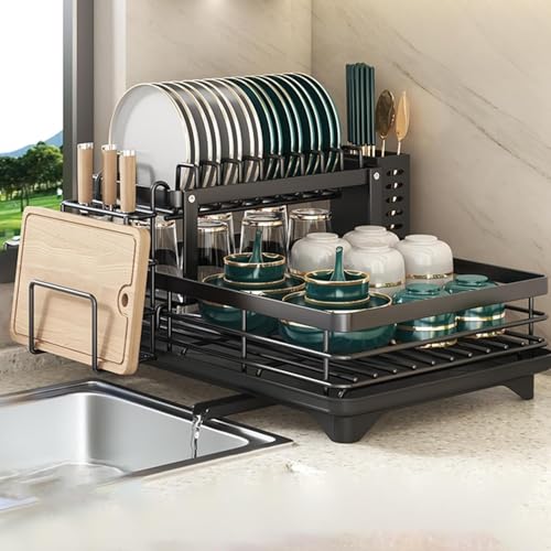 Vruta Dish Drying Rack 2 Tier Dish Drainer Rack with Drip Tray and Drainer Mat, Stainless Steel Dish Rack with Utensil Holder, Draining Board for Kitchen Counter, Black ((42.5D x 30W x 23.5H)) - Image 1