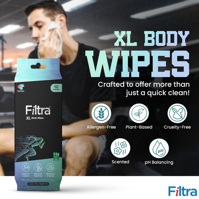 Filtra ® XL Body Wipes | Extra Large & Thick Full Body Wipes | Pack of 10 Single Sachets Wipes | Shower in a Sachet | Suited for Gym | Fitness | Sports | Athletes | Cricket | Soccer | Runners | Racket Sports | Travel | Commuter | Trekking | Camping | Festivals | Road Trips - Travel Pack of 10 Single Sachets - 10 count (Pack of 4) - Image 3