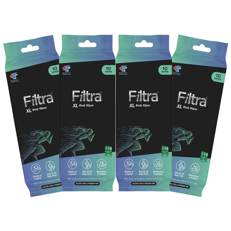 Filtra ® XL Body Wipes | Extra Large & Thick Full Body Wipes | Pack of 10 Single Sachets Wipes | Shower in a Sachet | Suited for Gym | Fitness | Sports | Athletes | Cricket | Soccer | Runners | Racket Sports | Travel | Commuter | Trekking | Camping | Festivals | Road Trips - Travel Pack of 10 Single Sachets - 10 count (Pack of 4) - Image 1