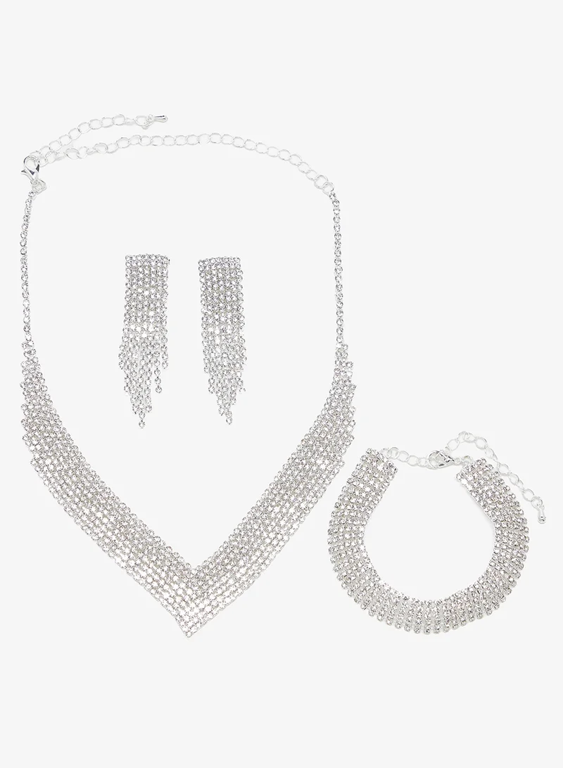 Khizana Silver Diamonte Rhinestone Drop Down Jewelry Set Necklace Earrings