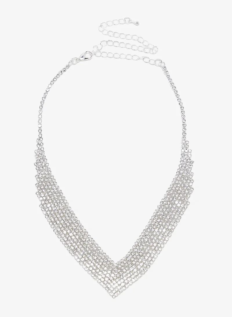 Khizana Silver Diamonte Rhinestone Drop Down Jewelry Set Necklace Earrings