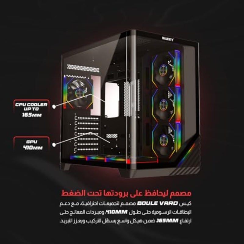 حافظة كمبيوتر Boulevard متوسطة البرج لمحطة عمل الألعاب، إضاءة أمامية أنيقة من الفولاذ البولي كربونات باللون الأسود، مراوح Infinity ARGB مقاس 7 × 120 مم، دعم ATX، مبرد مياه 360 مم، منفذ USB 3.0 مزدوج من النوع C، تصميم توصيل خلفي - Image 4