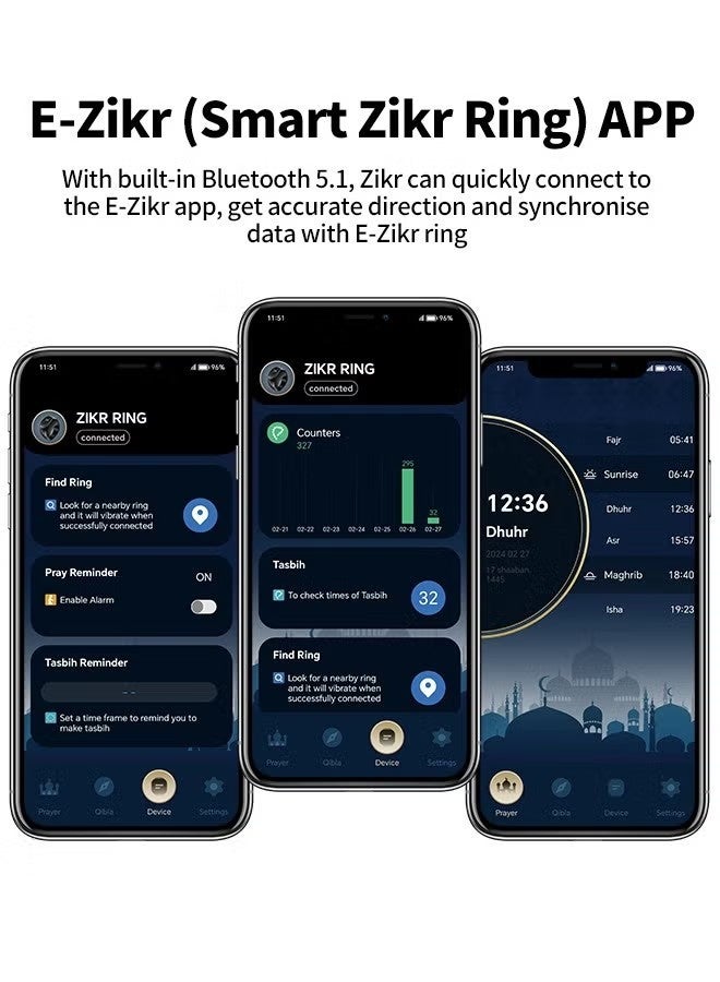 بيستيس  2025 خاتم تسبيح ذكر ذكي للمسلمين يدعم عداد الصلاة الرقمي، يتضمن 3 أحجام متوافقة (18 مم/ 20 مم/ 22 مم) - أسود - Image 2