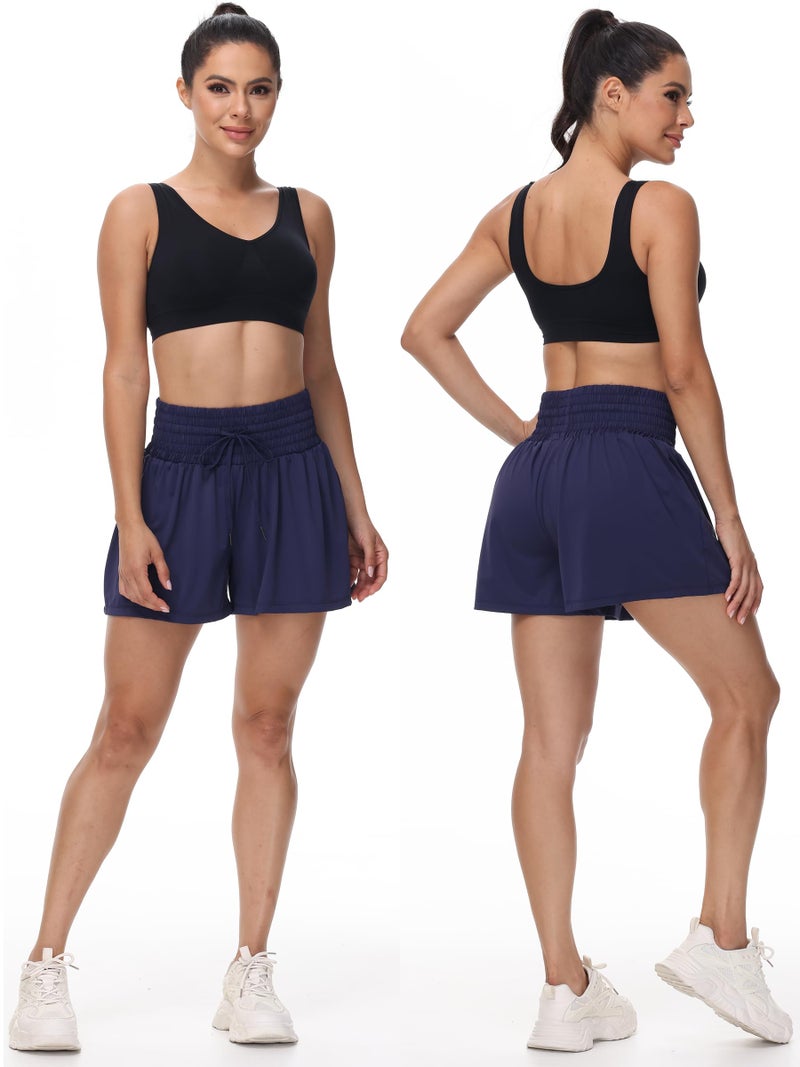 Blaosn Flowy Athletic Shorts for Women Workout Running Gym Yoga Sport Short Pants Sweat Tennis Skirt Skort High Waisted with Pockets Biker Spandex Cute Comfy Lounge Trendy Clothes Casual Summer Navy Blue M - Image 2
