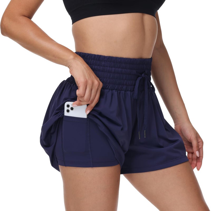 Blaosn Flowy Athletic Shorts for Women Workout Running Gym Yoga Sport Short Pants Sweat Tennis Skirt Skort High Waisted with Pockets Biker Spandex Cute Comfy Lounge Trendy Clothes Casual Summer Navy Blue M - Image 1