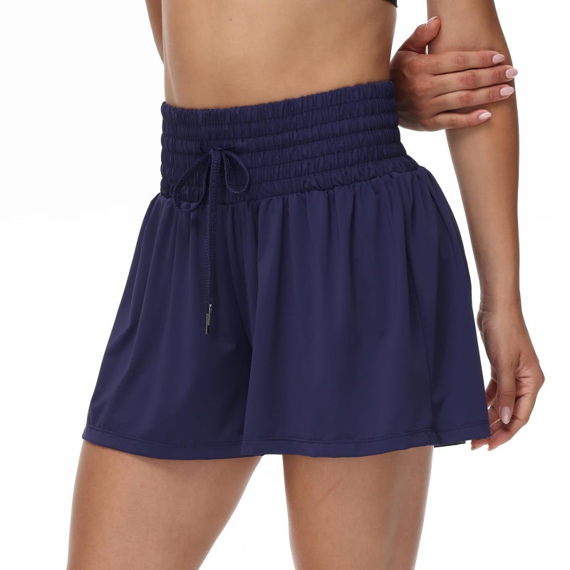 Blaosn Flowy Athletic Shorts for Women Workout Running Gym Yoga Sport Short Pants Sweat Tennis Skirt Skort High Waisted with Pockets Biker Spandex Cute Comfy Lounge Trendy Clothes Casual Summer Navy Blue M - Image 4