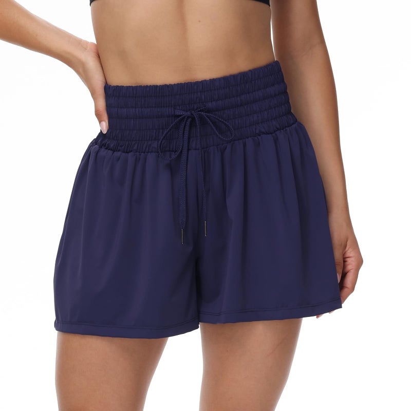 Blaosn Flowy Athletic Shorts for Women Workout Running Gym Yoga Sport Short Pants Sweat Tennis Skirt Skort High Waisted with Pockets Biker Spandex Cute Comfy Lounge Trendy Clothes Casual Summer Navy Blue M - Image 3