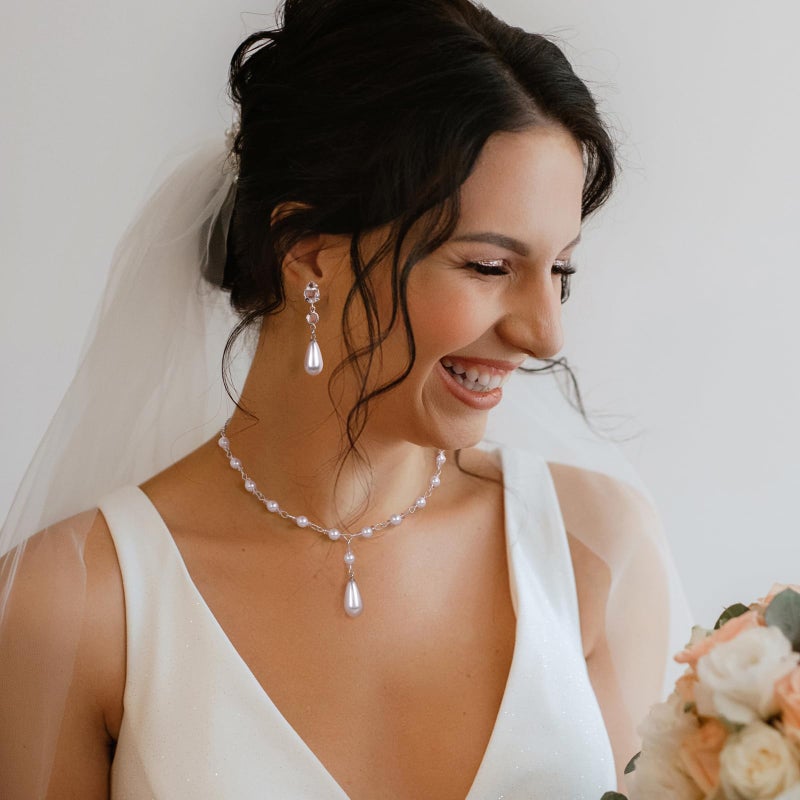Raicegs Pearl Jewelry Set for Women Wedding Pearl Back Drop Chain Necklace Bracelet Earrings Set Bride Bridesmaid Dainty Jewelry Gift for Women - Image 2