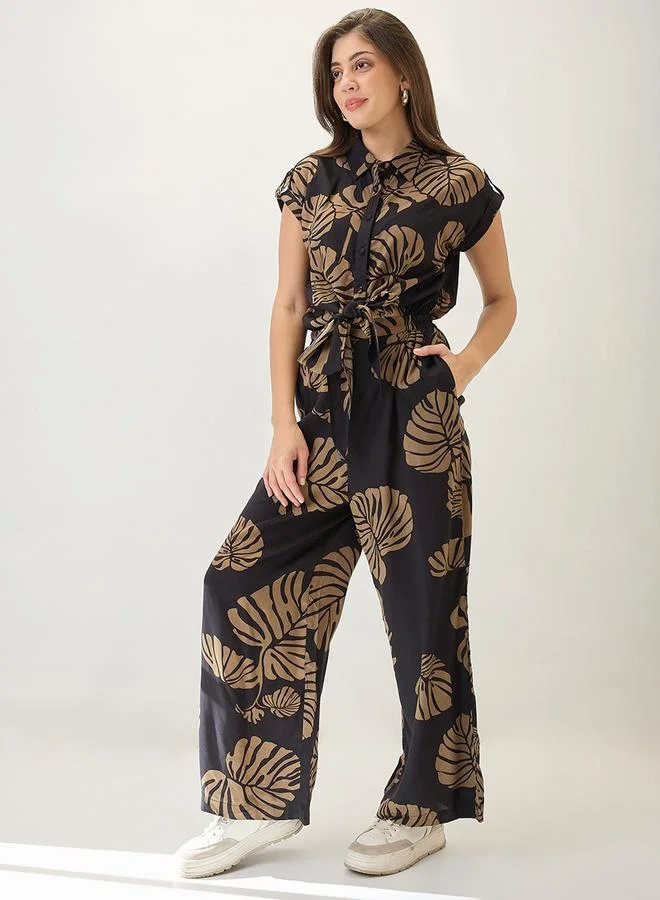 Globus Tropical Print Wide-Leg Jumpsuit in Black