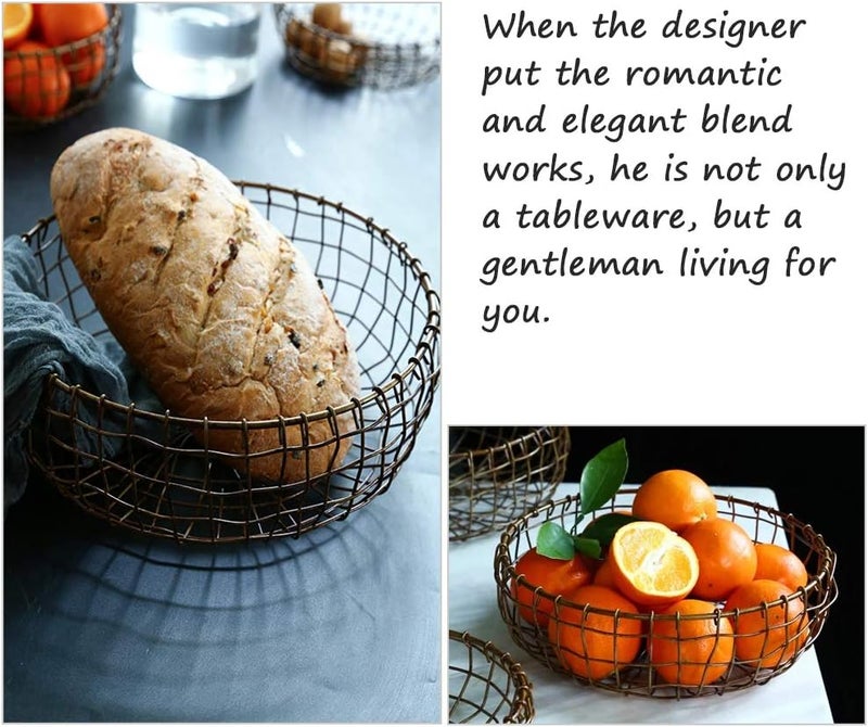 Hinmay Retro Iron Fruit Basket Handcrafted Rustic Farmhouse Wire Fruit Bowls Vintage Style Countertop Basket Bread Snack Vegetable Storage Basket for Kitchen Table Dining Decoration - Image 4