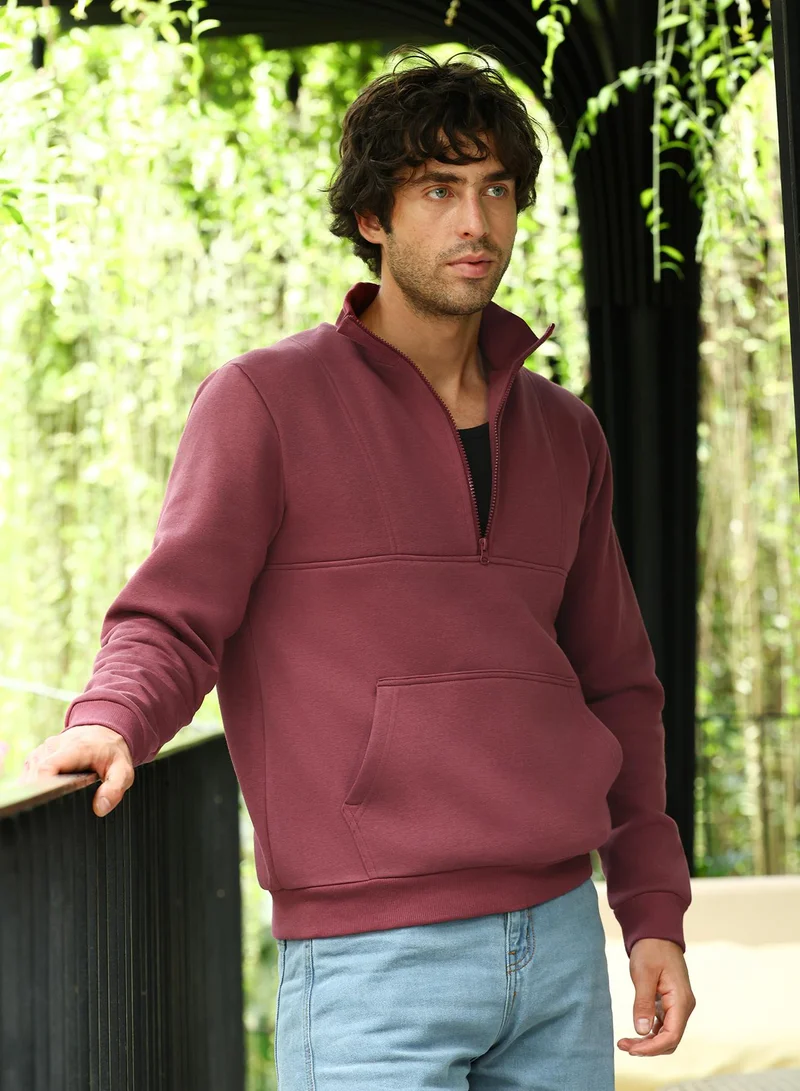 Campus Sutra Men Panel-Stitch Knit Sweatshirt | High Neck, Long Ribbed-Cuff Sleeves | Half-Zip , Ribbed-Straight Hem | Solid Plain | Knitted Fabric For Casual & Daily Wear | Brick Red