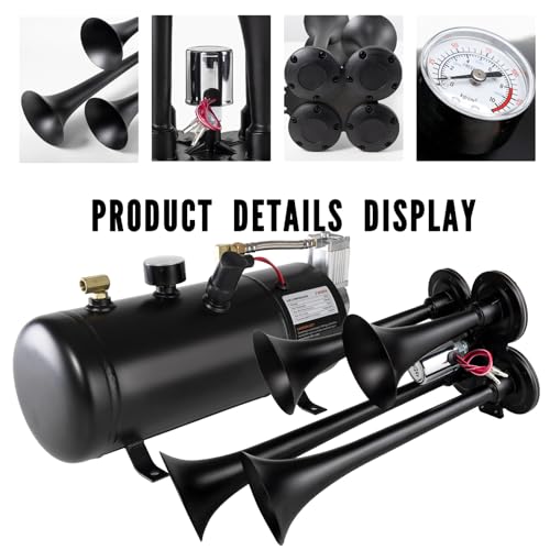 AOLIHAN 180db Air horn with 0.8 gallon Air Compressor, Super loud train horn kit with 150 PSI Air Tank for Truck, Jeep,Pickup,SUV (Black truck horn kit) - Image 3