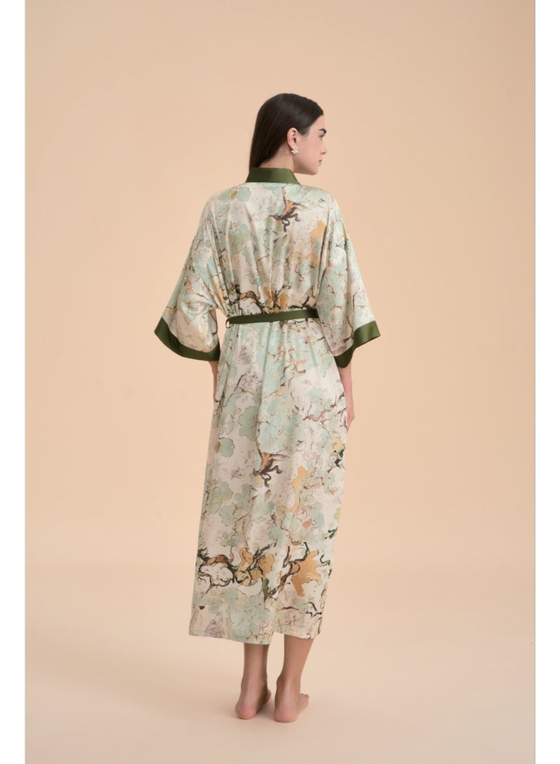 Closme Women's Satin Floral Print Midi Kimono Robe - Luxury Silky Loungewear with Green Trim & Waist Belt - Image 2