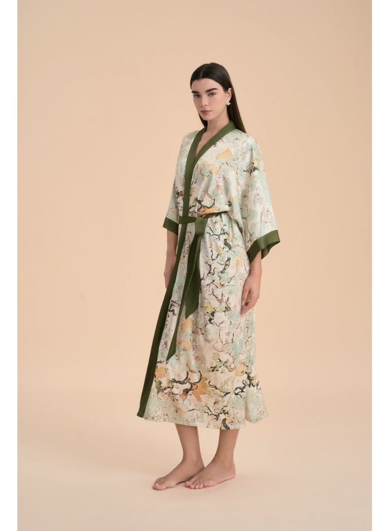 Closme Women's Satin Floral Print Midi Kimono Robe - Luxury Silky Loungewear with Green Trim & Waist Belt - Image 1