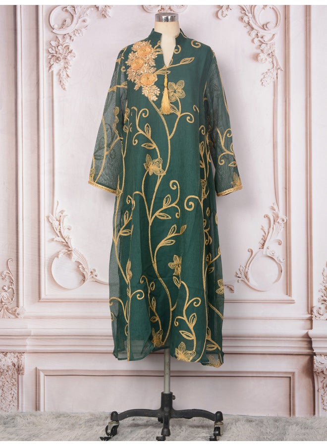 Dark Green Muslim Robe Women Long Dress Robe New Women Embroidered Beaded Pendant Evening Dress