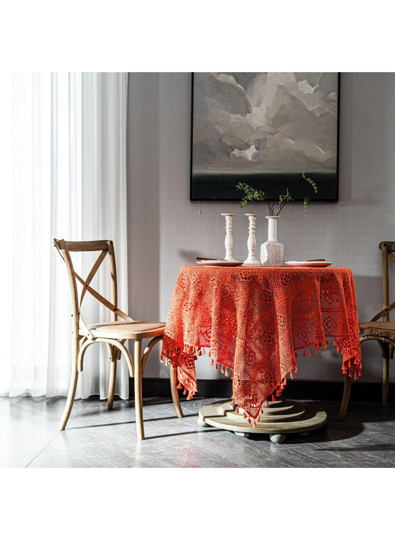 Y&D Retro American Crochet Round Table Fabric Knitted Hollowed Out Coffee Table Cover Fabric Orange  - Image 1