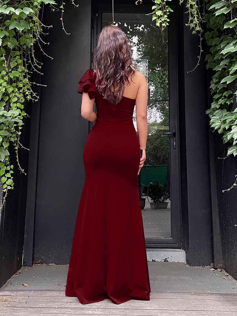 YMDUCH Women's Sexy Sleeveless One Shoulder Ruffle High Split Party Evening Long Formal Dress WineRed - Image 4
