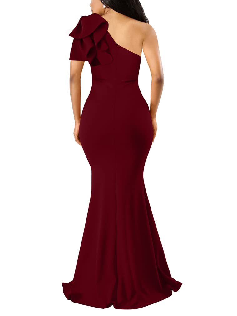 YMDUCH Women's Sexy Sleeveless One Shoulder Ruffle High Split Party Evening Long Formal Dress WineRed - Image 2
