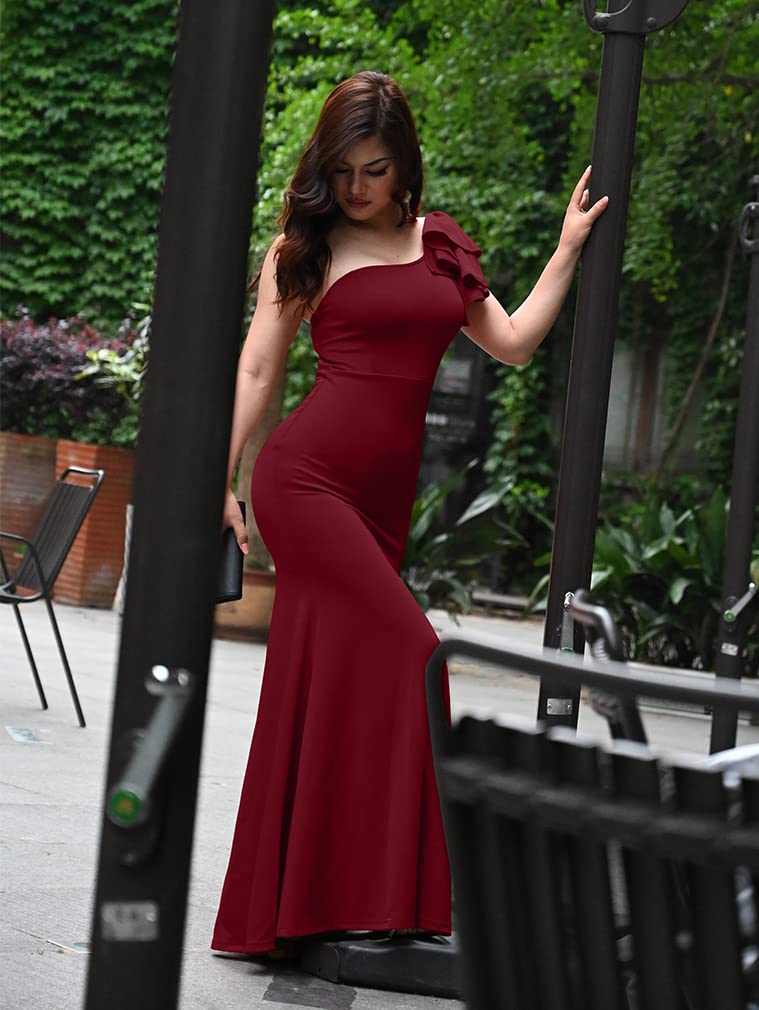 YMDUCH Women's Sexy Sleeveless One Shoulder Ruffle High Split Party Evening Long Formal Dress WineRed - Image 3
