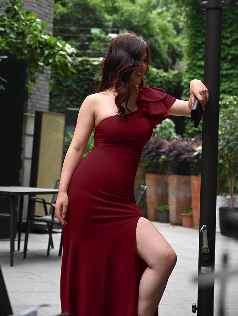 YMDUCH Women's Sexy Sleeveless One Shoulder Ruffle High Split Party Evening Long Formal Dress WineRed - Image 5