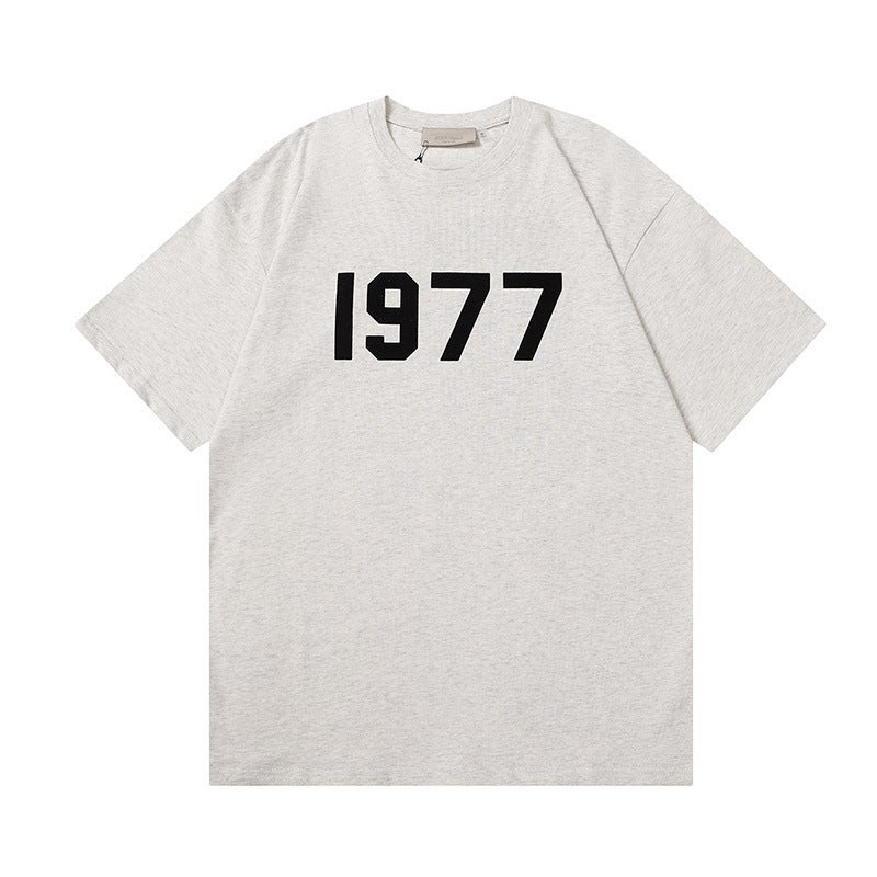 2022 1977 Flocking Letter Double Yarn Fabric Plus Size Loose High Street Fashion Brand Short Sleeve T-Shirt - Image 1