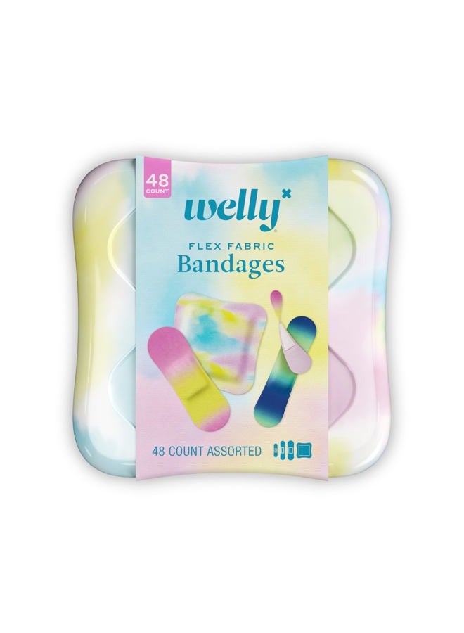 Welly Bandages | Adhesive Flexible Fabric Bravery Badges | Assorted Shapes for Minor Cuts, Scrapes, and Wounds | Colorful and Fun First Aid Tin | Colorwash Tie Dye Patterns - 48 Count - Image 1