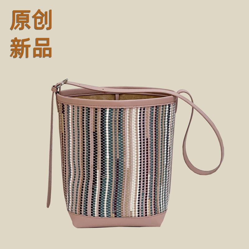 Genuine Leather Bucket Bag Handmade Woven Bucket Bag Casual Shoulder Crossbody Bag Color Contrast Stripe Bag - Image 2