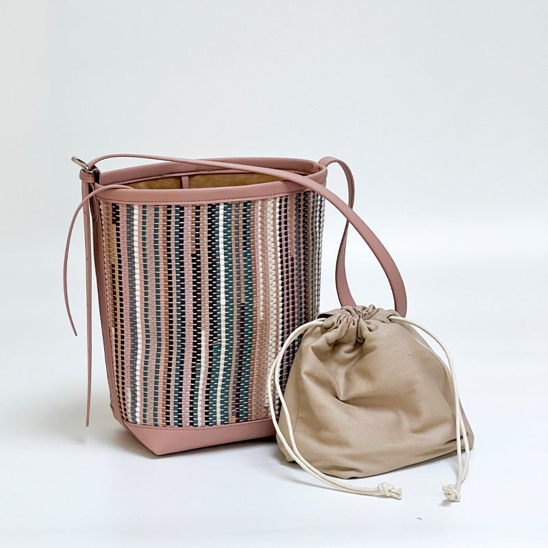 Genuine Leather Bucket Bag Handmade Woven Bucket Bag Casual Shoulder Crossbody Bag Color Contrast Stripe Bag - Image 1
