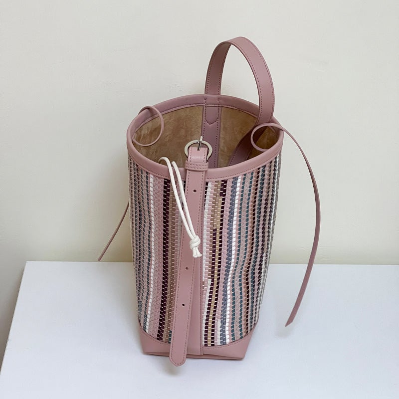 Genuine Leather Bucket Bag Handmade Woven Bucket Bag Casual Shoulder Crossbody Bag Color Contrast Stripe Bag - Image 4