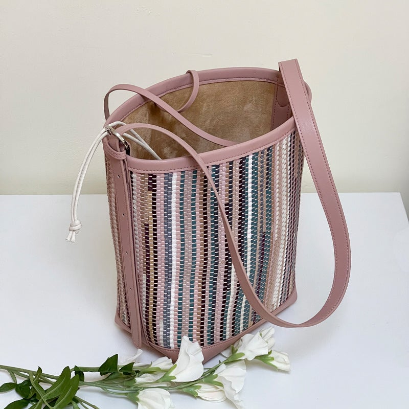 Genuine Leather Bucket Bag Handmade Woven Bucket Bag Casual Shoulder Crossbody Bag Color Contrast Stripe Bag - Image 3