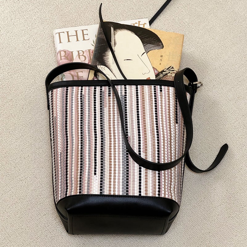 Genuine Leather Bucket Bag Handmade Woven Bucket Bag Casual Shoulder Crossbody Bag Color Contrast Stripe Bag - Image 5