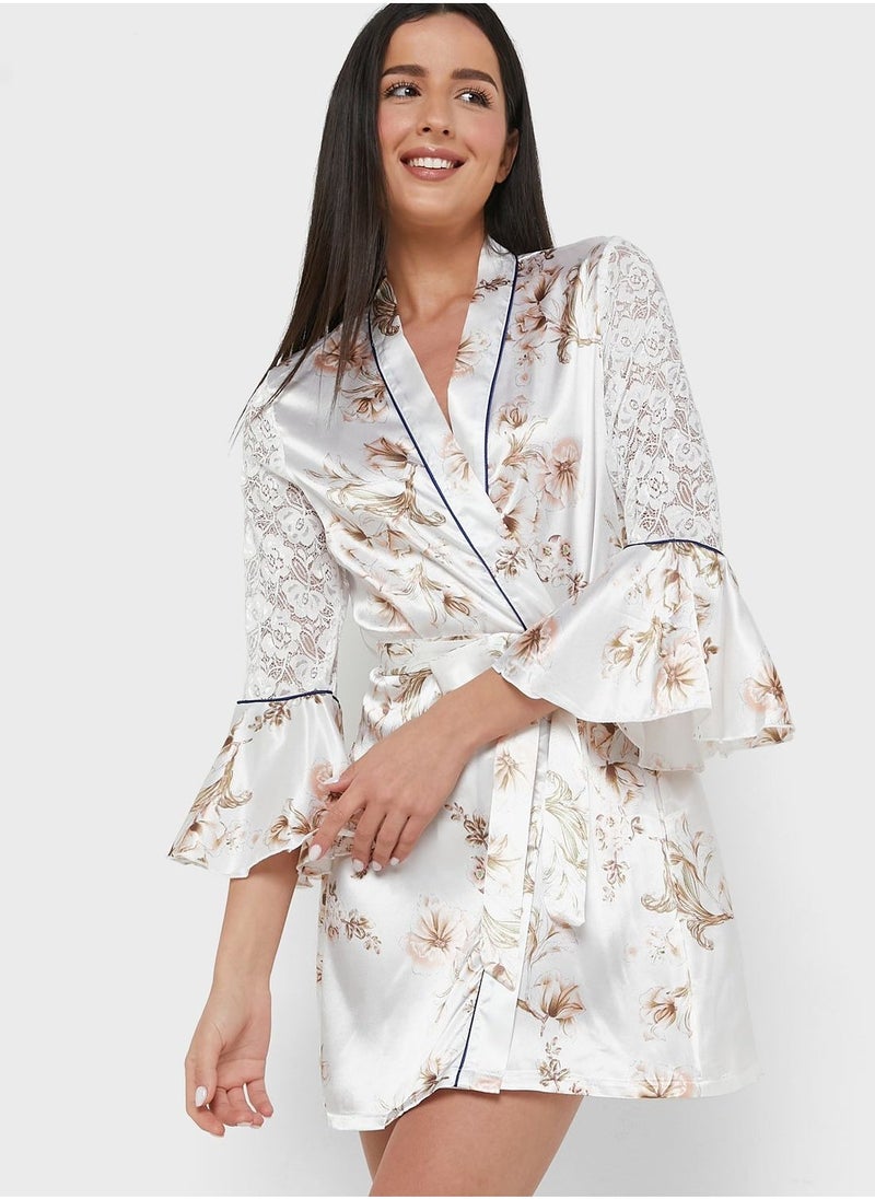 Printed Lace Detail Robe - Image 1