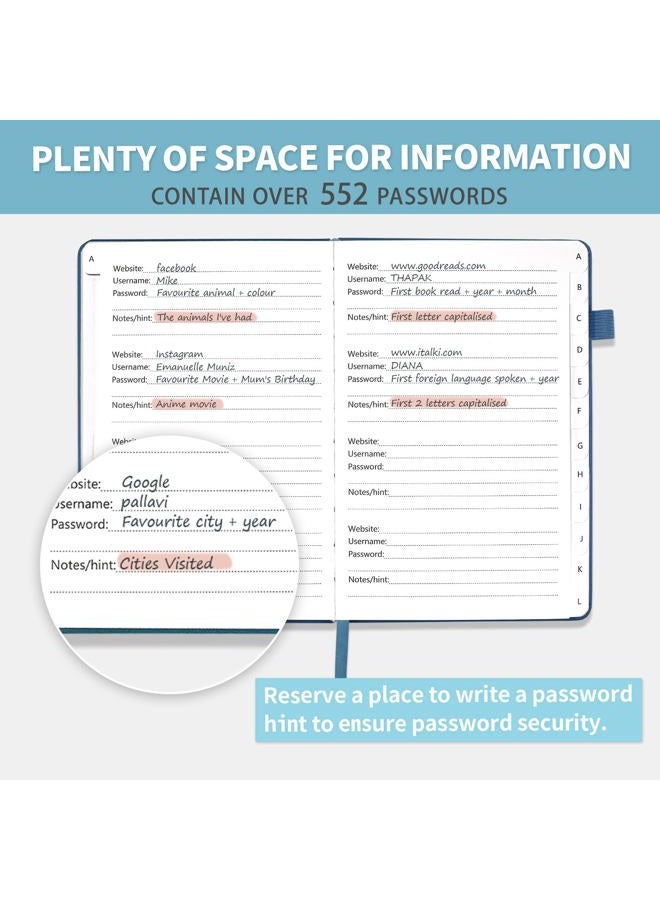 Blugool Password Book with Alphabetical Tabs, Hardcover Password Keeper, Password Notebook Organizer for Computer and Internet Address Website Login, Gifts for Home and Office, 5.3''x 7.7''- Navy Blue - Image 5
