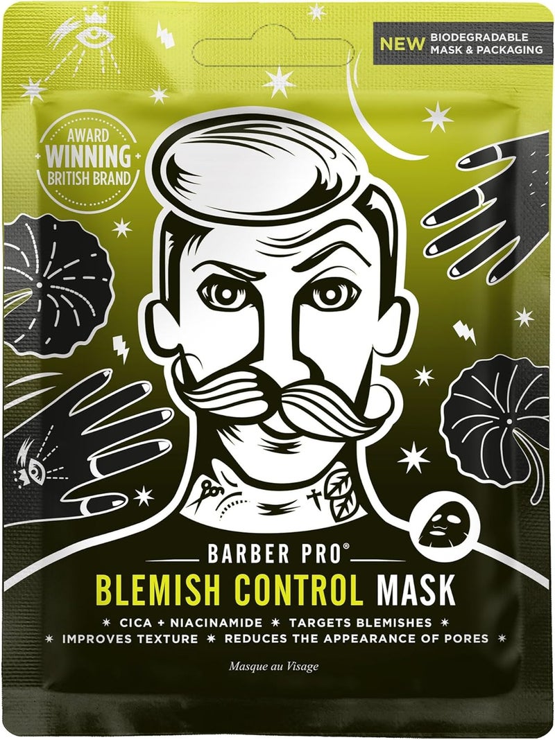 BARBER PRO BLEMISH CONTROL Mens Face Mask Bamboo Sheet Facial Hydration Prevent Breakouts Improve Skin Texture Cica Niacinamide Natural Vegan Skincare 100 Biodegradable Multi Award Winning Brand