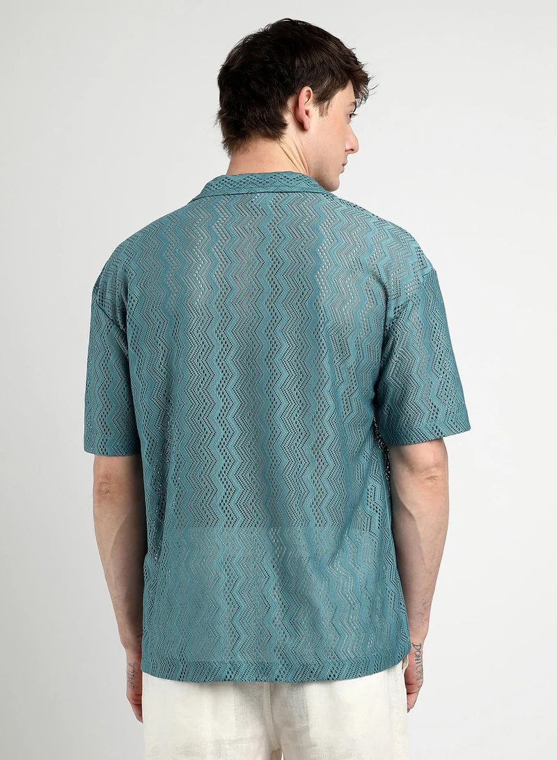 Campus Sutra Men's Teal Blue Oversized Zig-Zag Shirt
