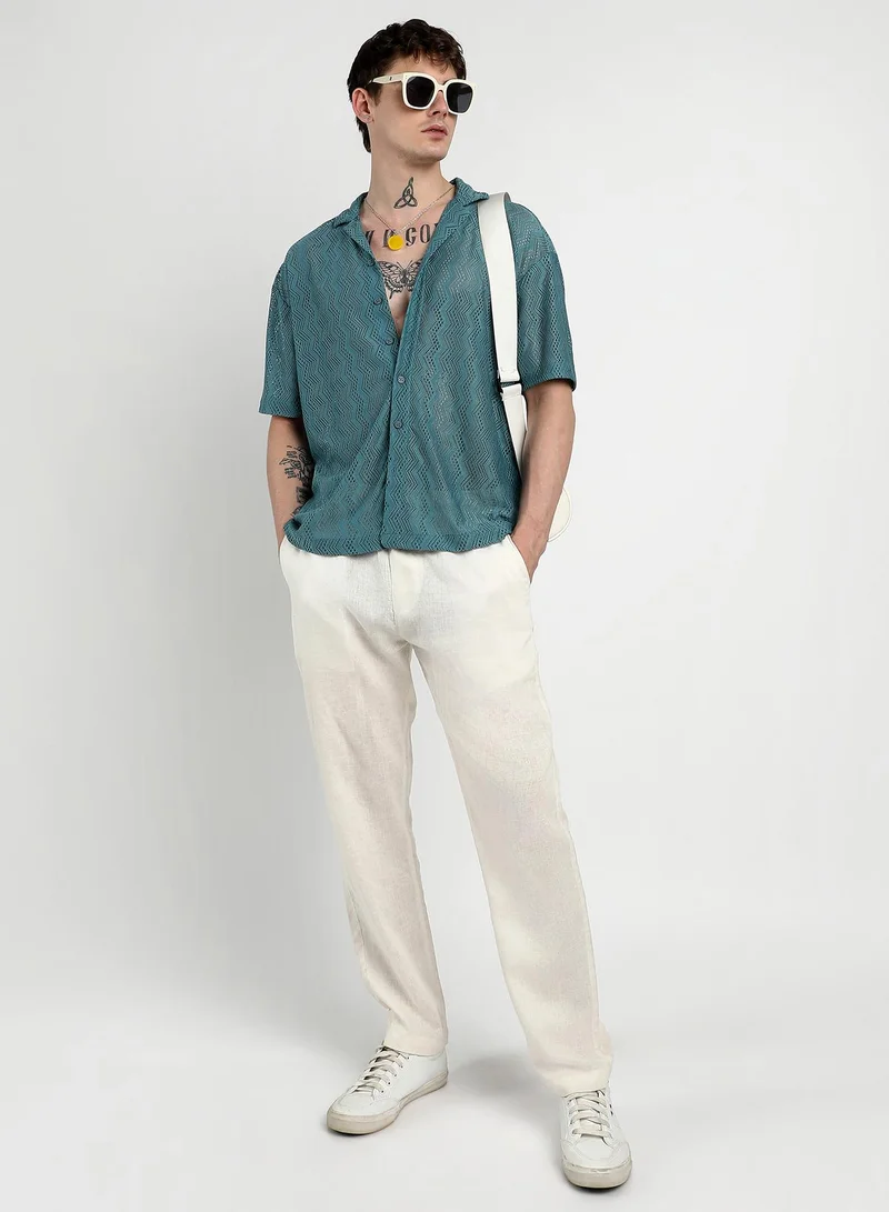 Campus Sutra Men's Teal Blue Oversized Zig-Zag Shirt