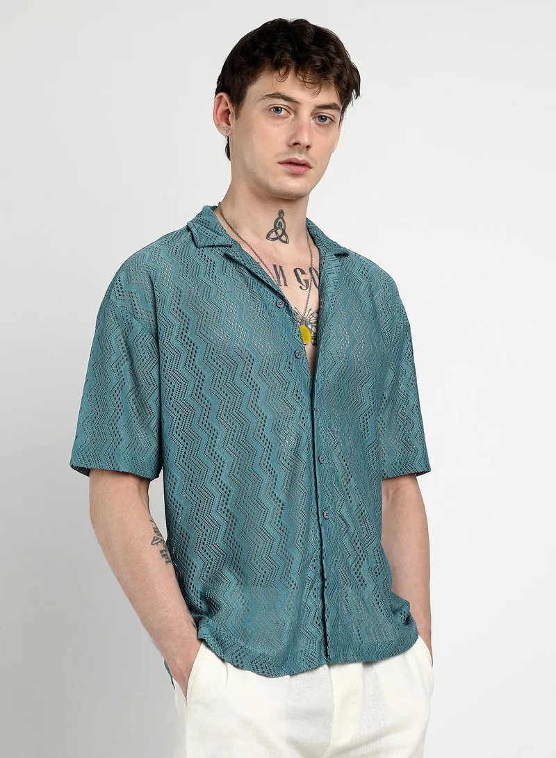Campus Sutra Men's Teal Blue Oversized Zig-Zag Shirt