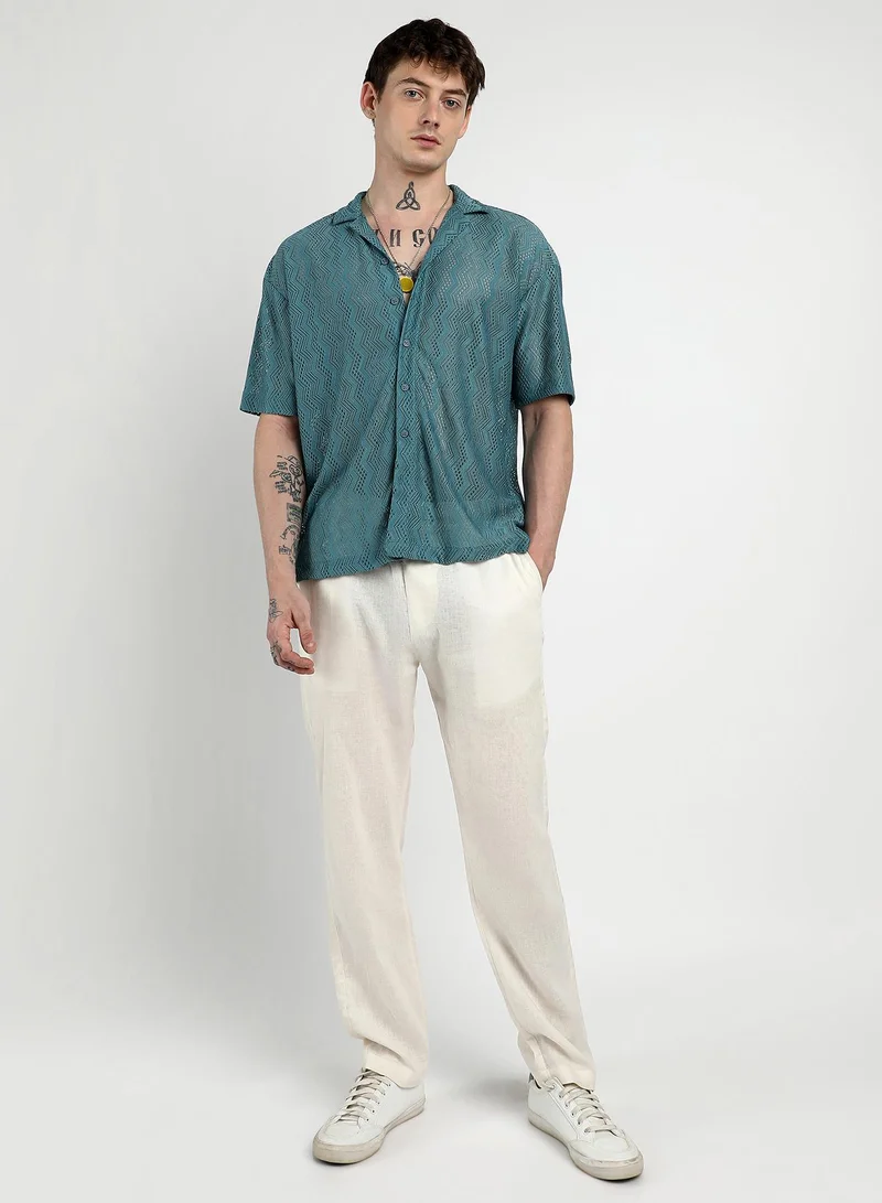 Campus Sutra Men's Teal Blue Oversized Zig-Zag Shirt